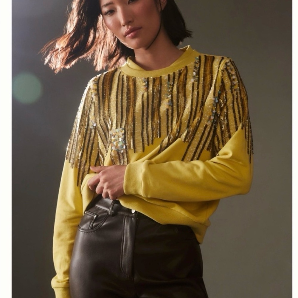 Anthropologie Yellow Sequin Sweatshirt